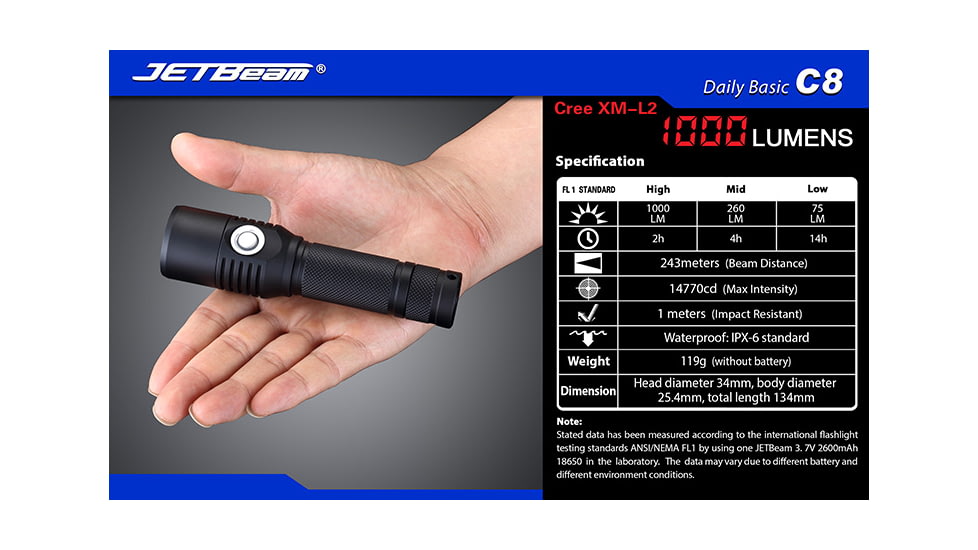 Jetbeam C8 Cree XM-L2 Waterproof LED Flashlight,Black,1000 Lumens JETBEAM-C8-XML2