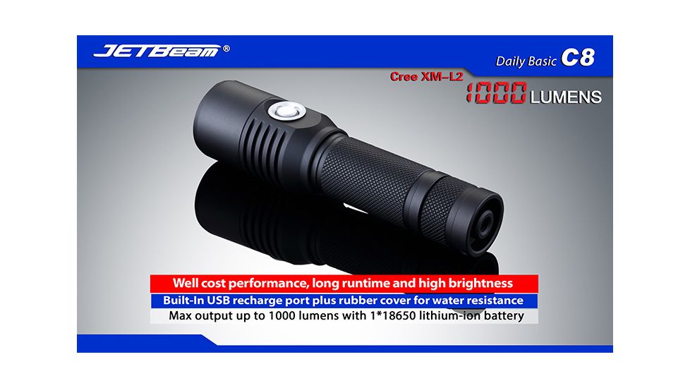 Jetbeam C8 Cree XM-L2 Waterproof LED Flashlight,Black,1000 Lumens JETBEAM-C8-XML2