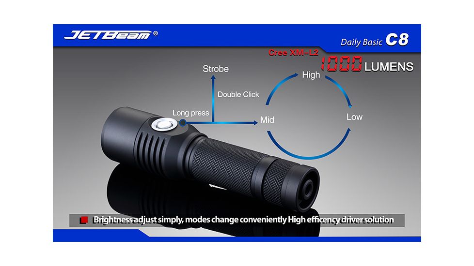 Jetbeam C8 Cree XM-L2 Waterproof LED Flashlight,Black,1000 Lumens JETBEAM-C8-XML2