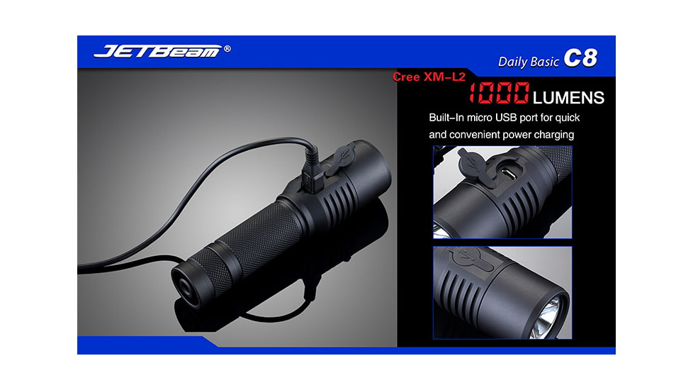 Jetbeam C8 Cree XM-L2 Waterproof LED Flashlight,Black,1000 Lumens JETBEAM-C8-XML2