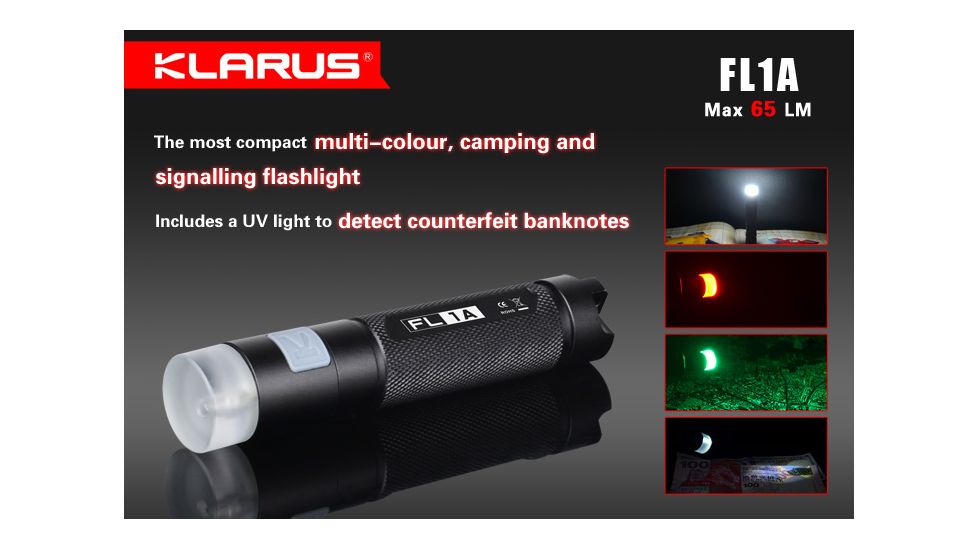 Klarus FL1A Multicolor Waterproof LED Flashlight,Black,65 Lumens KLARUS-FL1A