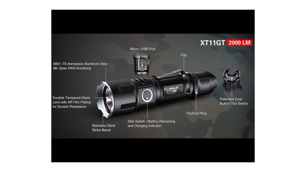 Klarus XT11GT Rechargeable Tactical Flashlight - 2000 Lumens, Black, KLARUS-XT11GT