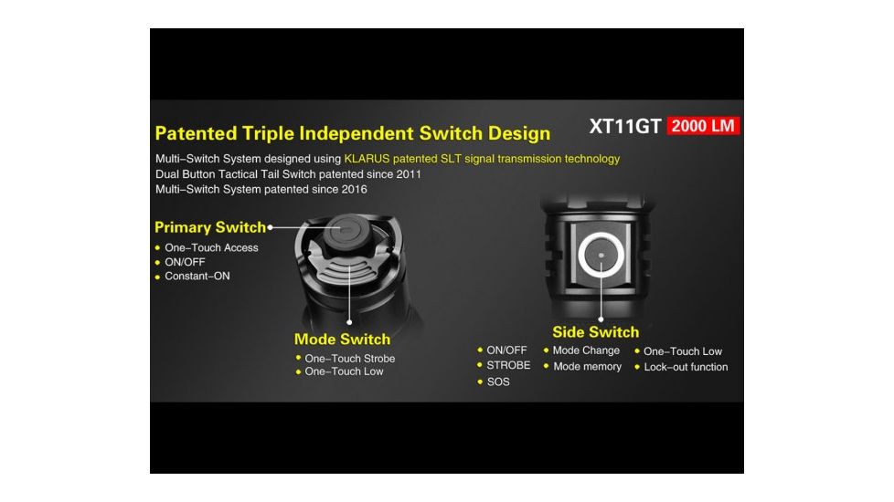 Klarus XT11GT Rechargeable Tactical Flashlight - 2000 Lumens, Black, KLARUS-XT11GT