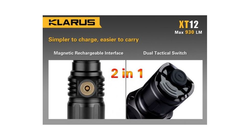 Klarus XT12 Rechargeable Flashlight w/CREE LED 930 Lumens, w/ 2xCR123A or 1x18650, Black KLARUS-XT12-XML2-BK