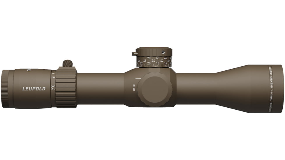 Leupold Mark 5HD 3.6-18x44 Rifle Scope, 35mm Tube, First Focal Plane, PR-1MOA, FDE, Small, 185066