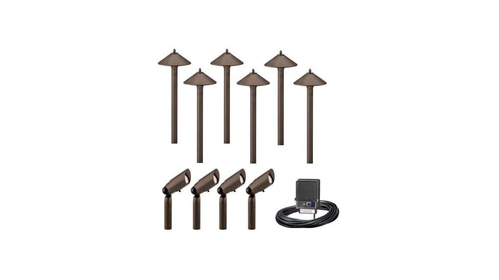 Malibu 10pc Outdoor Light Kit - 6 10 Watt Halogen Cast Metal and 4 20 Watt Halogen Cast Metal Low Voltage Outdoor Lights,Brass 8308-9903-10