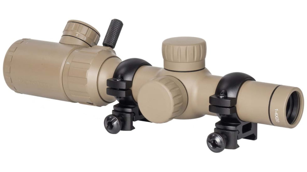 Monstrum 1-4x20 Rifle Scope with Rangefinder Reticle and Medium Profile Scope Rings, Flat Dark Earth, TS1420-R-RG