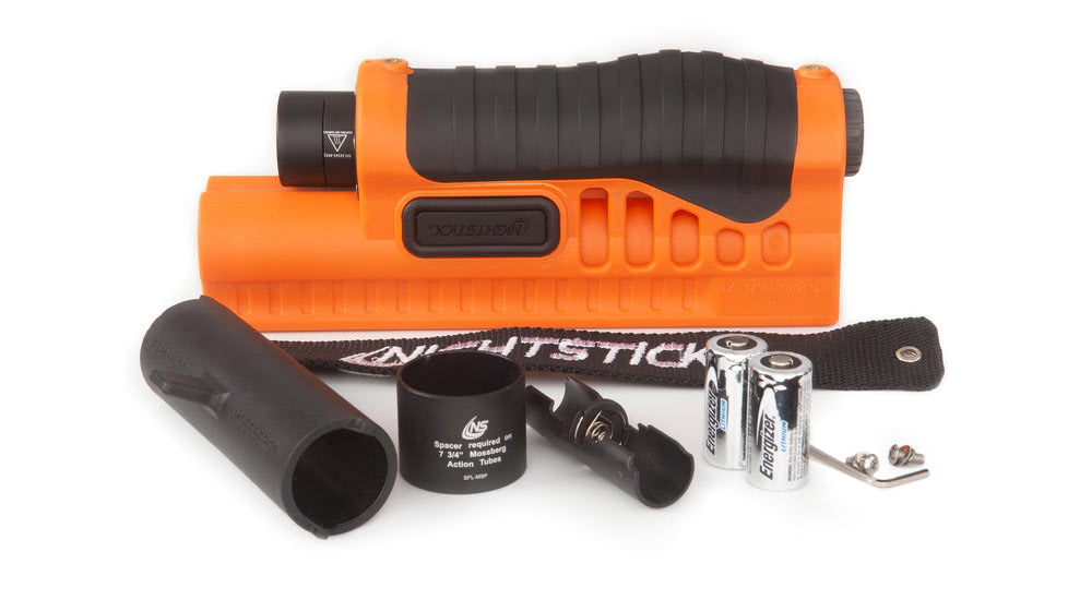 Nightstick Shotgun Forend Light For Mossberg 500/590/Shockwave w/ Green Laser, Less-Lethal Orange, SFL-12GL