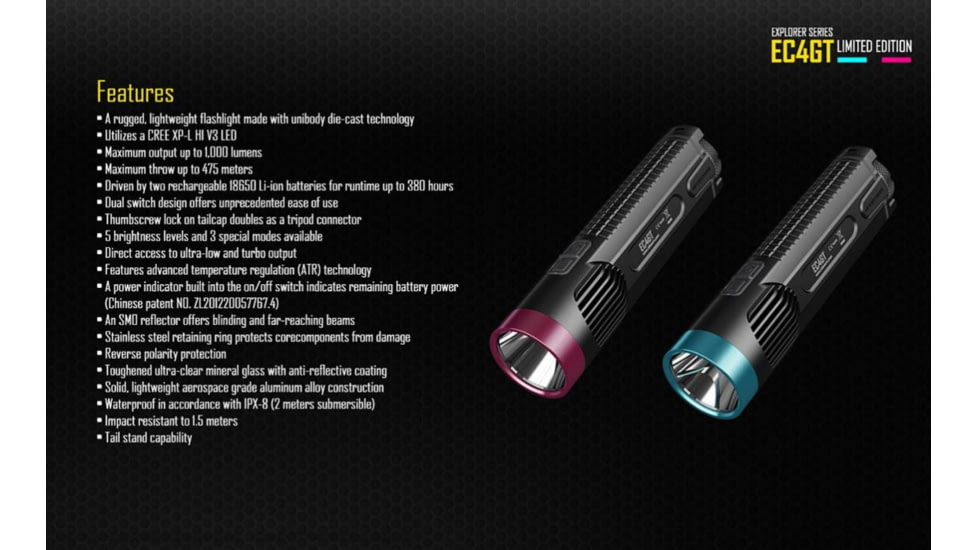 Nitecore EC4GT Flashlight CREE XP-L HI V3 LED, 1000 Lumens, Black/Blue NITECORE-EC4GT-BLUE