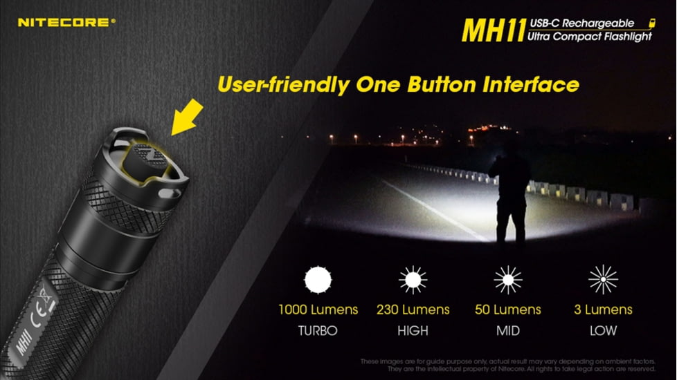 Nitecore MH11 1000 Lumen USB-C Rechargeable Flashlight, Black, 6952506406630