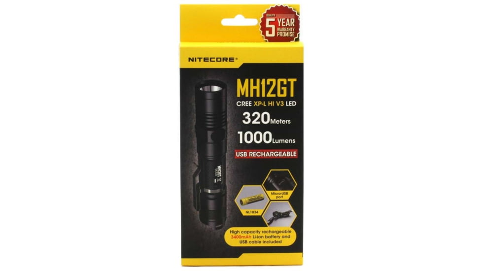 Nitecore MH12GT 1 x 18650/ 2 x CR123A/ 16340 CREE XP-L HI V3 LED USB-Rechargeable Tactical Flashlight, 1000 Lumens, Black, MH12GT