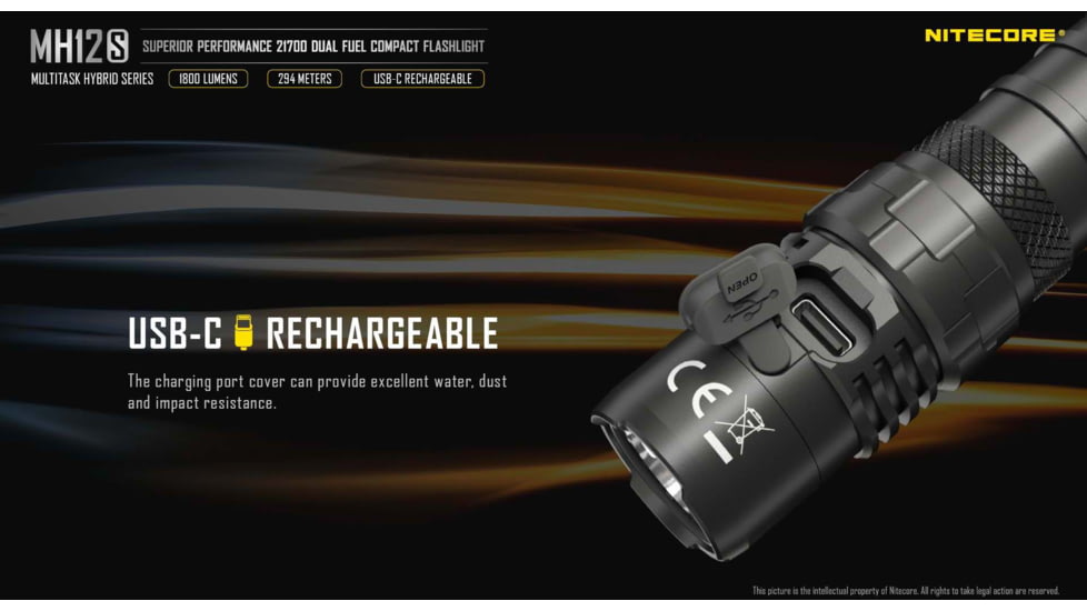 Nitecore MH12S 1800 Lumen Rechargeable Flashlight with a TIKI UV Keychain Light, Black, 6952506406999
