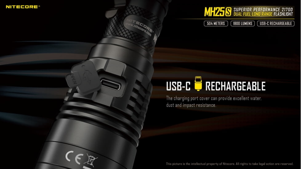 Nitecore MH25S 1800 Lumen USB-C Rechargeable Flashlight, Black, 6952506406548