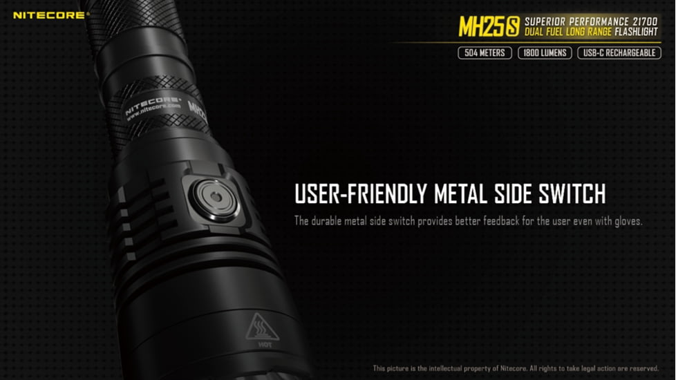 Nitecore MH25S 1800 Lumen USB-C Rechargeable Flashlight, Black, 6952506406548