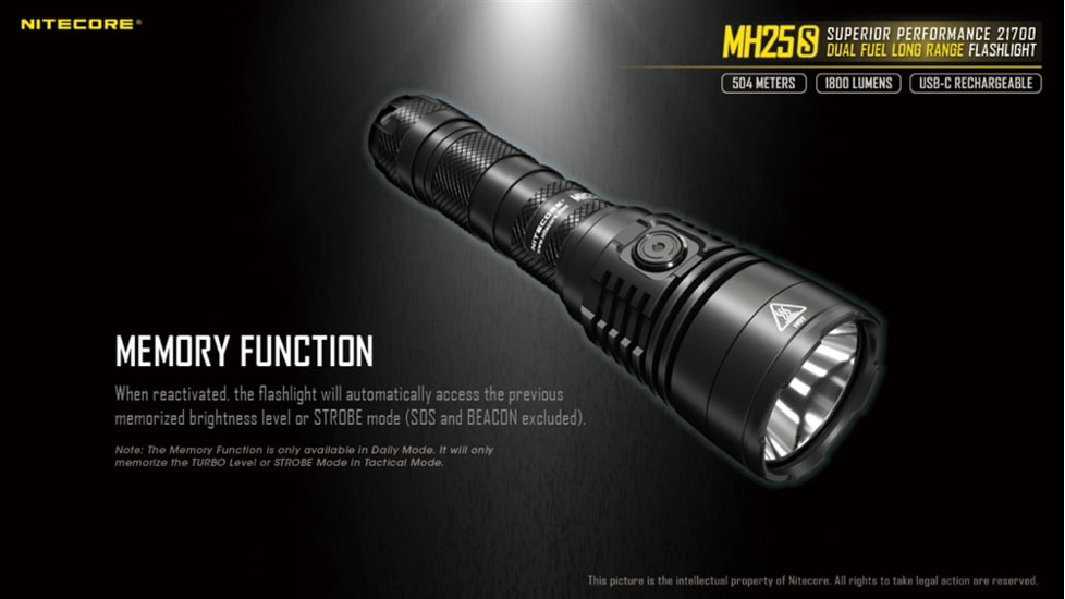 Nitecore MH25S 1800 Lumen USB-C Rechargeable Flashlight, Black, 6952506406548