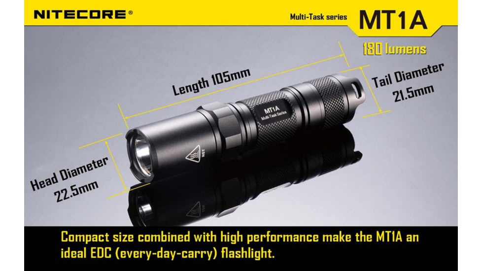 Nitecore MT1A Multi-task 180 Lumen EDC LED Compact Flashlight, Use 1xAA Battery, Black, 6952506400720