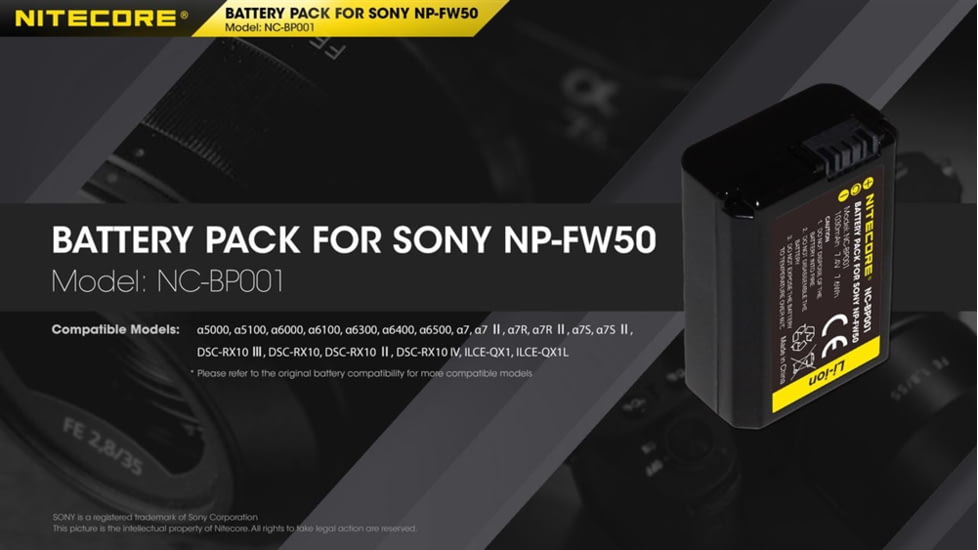 Nitecore NC-BP001 Camera Battery Compatible with Sony NP-FW50, Black, 6952506494583