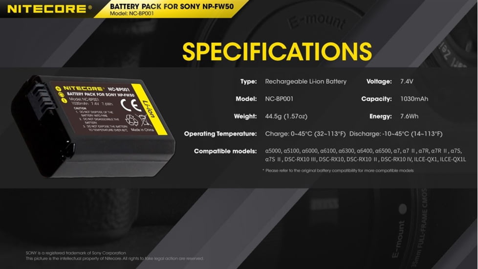 Nitecore NC-BP001 Camera Battery, Sony NP-FW50, Black, 6952506494583