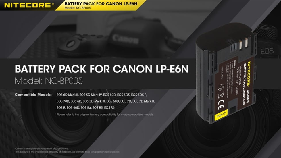 Nitecore NC-BP005 Camera Battery Compatible with Canon LP-E6N, Black, 6952506494545