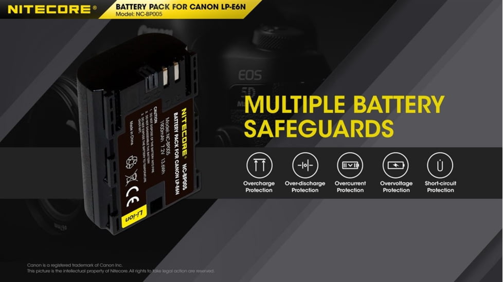 Nitecore NC-BP005 Camera Battery Compatible with Canon LP-E6N, Black, 6952506494545
