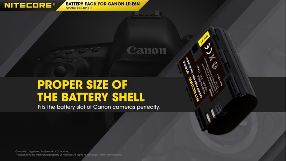 Nitecore NC-BP005 Camera Battery Compatible with Canon LP-E6N, Black, 6952506494545