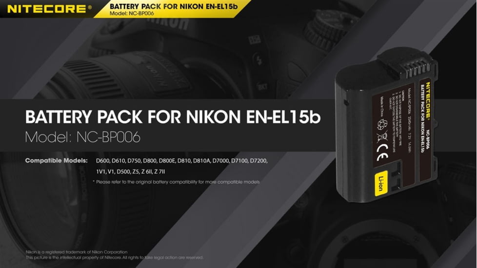 Nitecore NC-BP006 Camera Battery Compatible with Nikon EN-EL15B, Black, 6952506494576