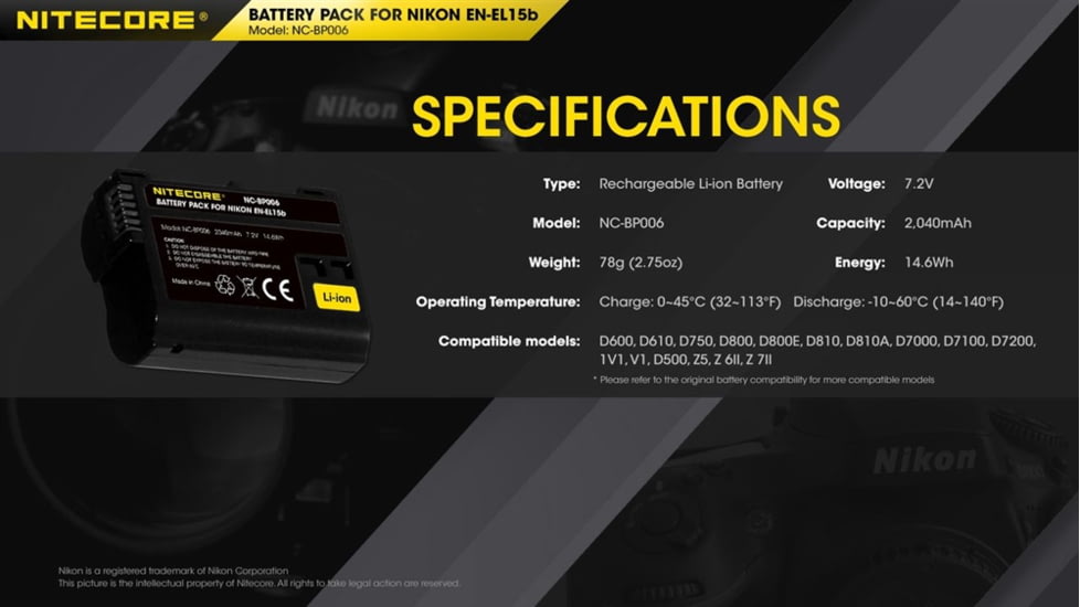 Nitecore NC-BP006 Camera Battery Compatible with Nikon EN-EL15B, Black, 6952506494576