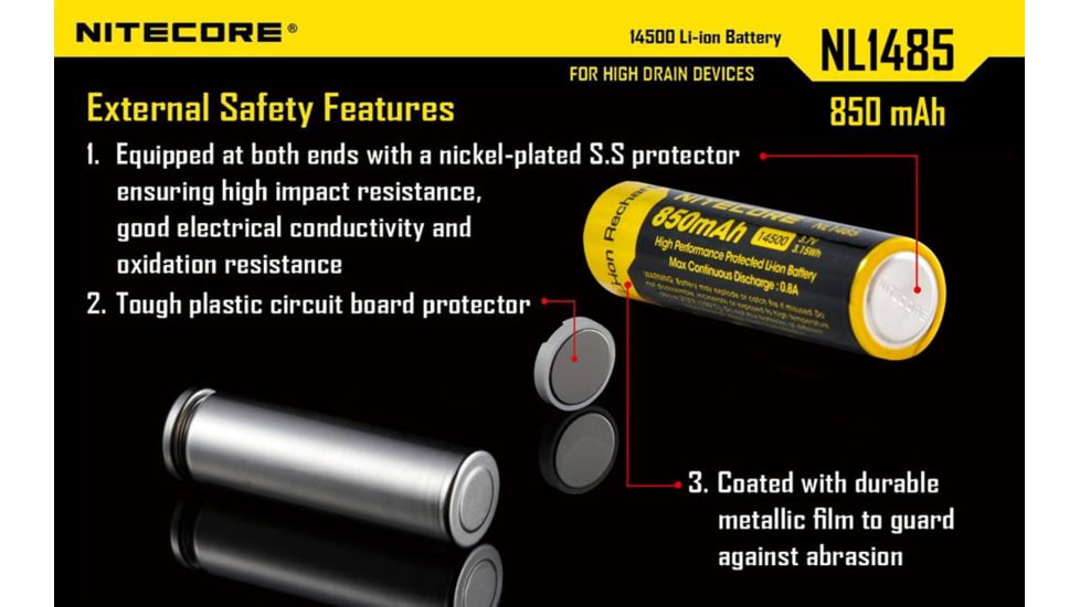 Nitecore NL1485 850mAh 14500 Rechargeable Battery, Yellow, 6952506492398