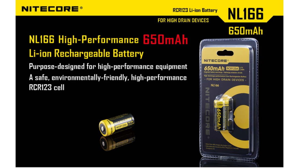 Nitecore NL166 650mAh Rechargeable Li-ion RCR123A 16340 Battery, Yellow, 6952506490318