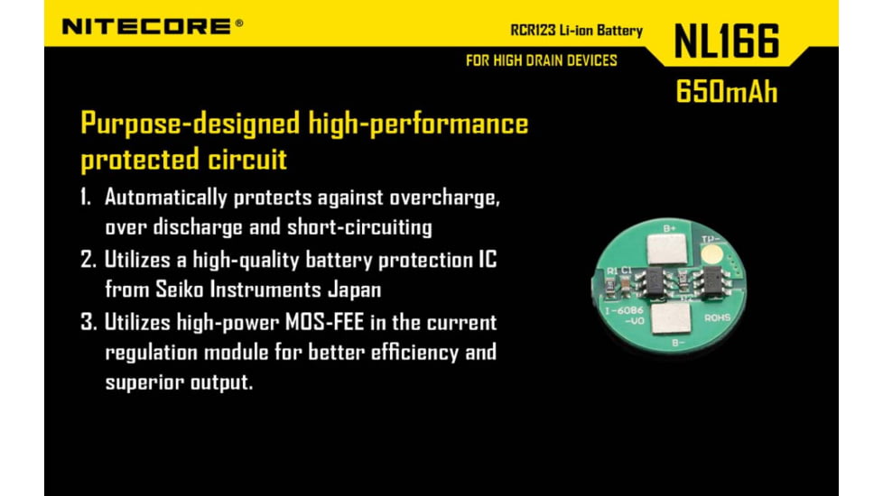 Nitecore NL166 650mAh Rechargeable Li-ion RCR123A 16340 Battery, Yellow, 6952506490318