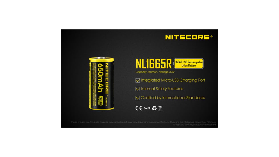 Nitecore NL1665R 650mAh USB Rechargeable 16340 Battery, Yellow, 6952506492411
