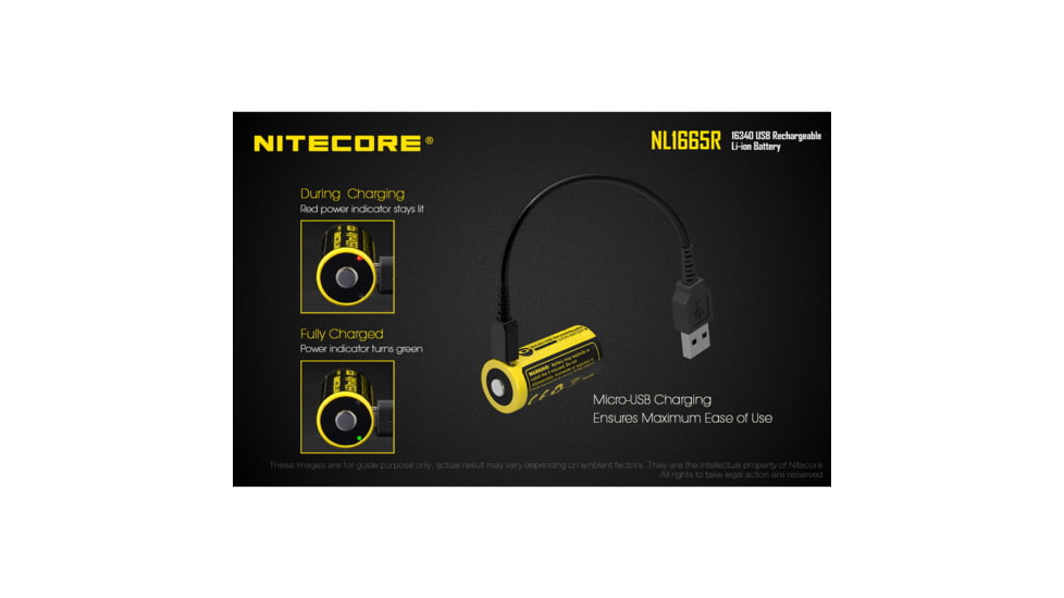 Nitecore NL1665R 650mAh USB Rechargeable 16340 Battery, Yellow, 6952506492411