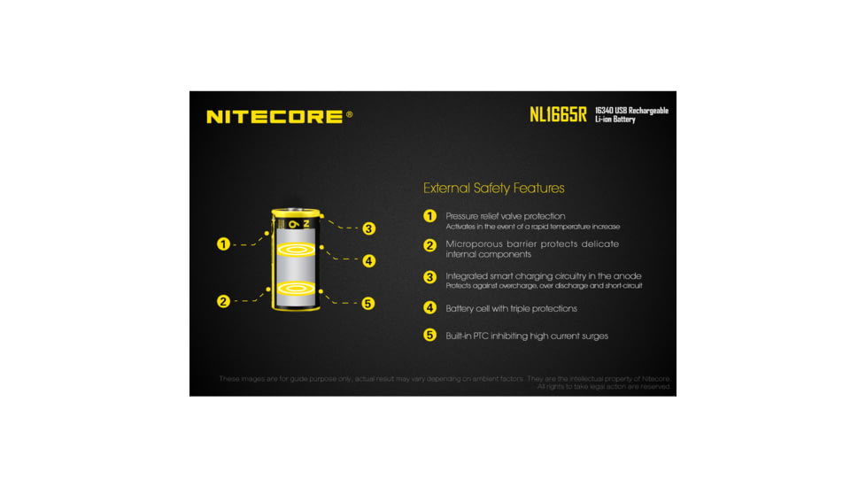 Nitecore NL1665R 650mAh USB Rechargeable 16340 Battery, Yellow, 6952506492411