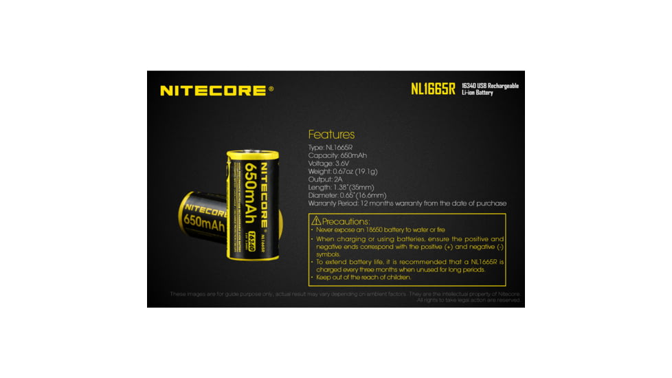Nitecore NL1665R 650mAh USB Rechargeable 16340 Battery, Yellow, 6952506492411