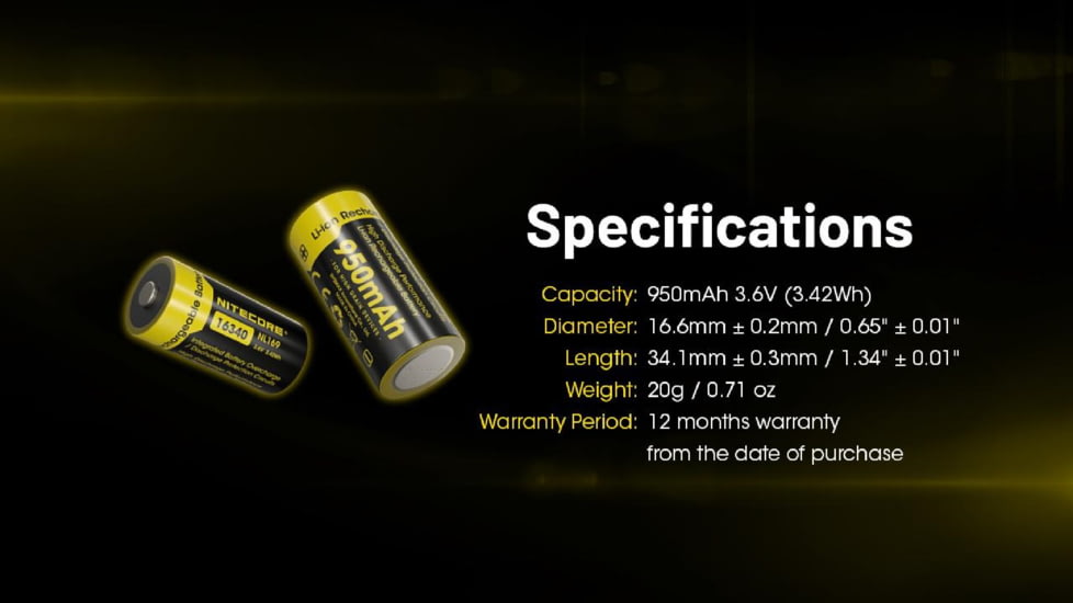Nitecore NL169 950mAh Rechargeable 16340 Battery, Yellow, BAT-NITE-16340-NL169