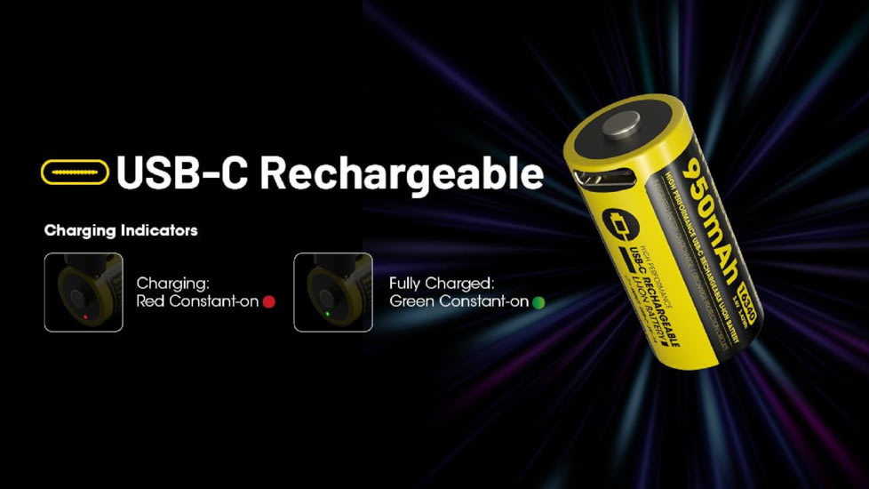 Nitecore NL169R 950mAh USB-C Rechargeable 16340 Battery, Yellow, BAT-NITE-16340-NL169R