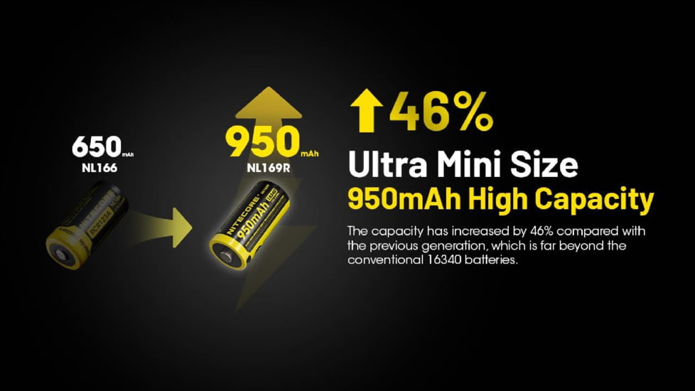 Nitecore NL169R 950mAh USB-C Rechargeable 16340 Battery, Yellow, BAT-NITE-16340-NL169R
