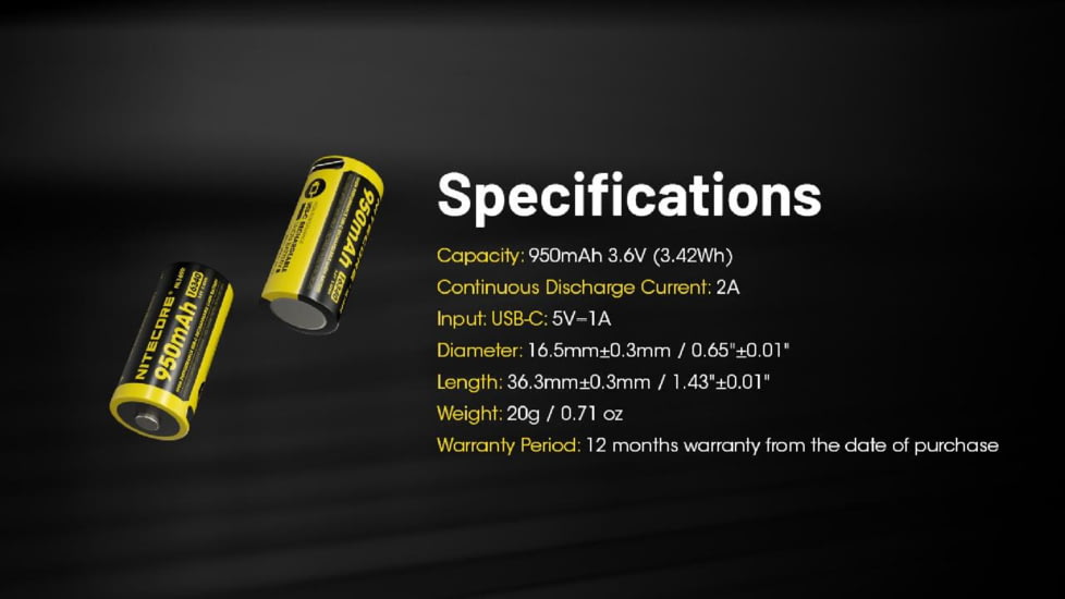 Nitecore NL169R 950mAh USB-C Rechargeable 16340 Battery, Yellow, BAT-NITE-16340-NL169R