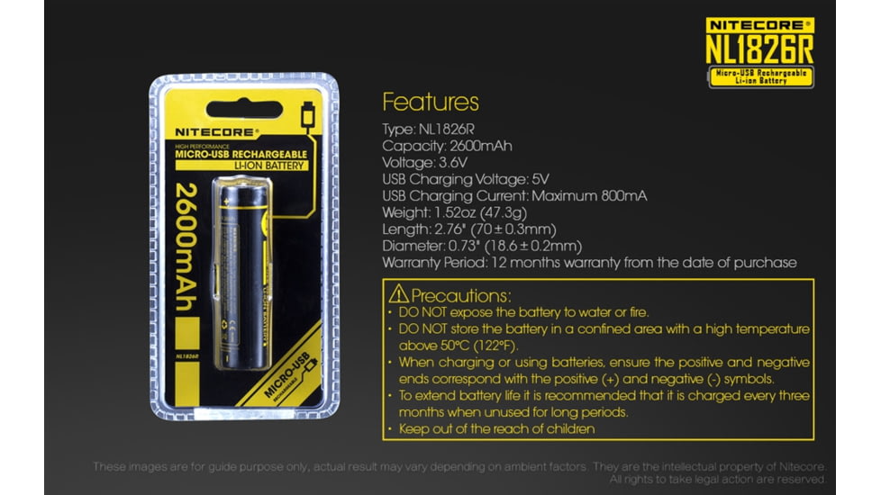 Nitecore NL1826R 2600mAh USB Rechargeable 18650 Li-ion Battery, Yellow, 6952506492299