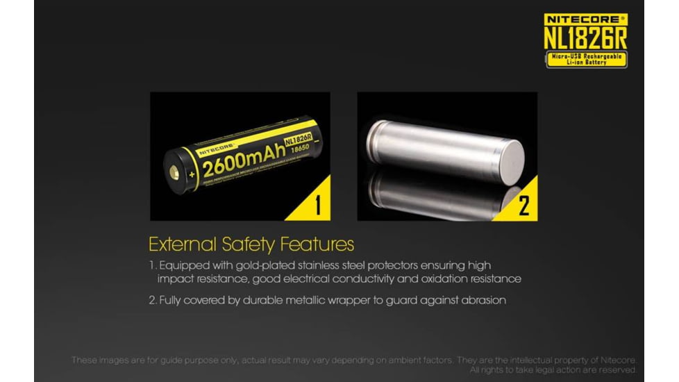 Nitecore NL1826R 2600mAh USB Rechargeable 18650 Li-ion Battery, Yellow, 6952506492299