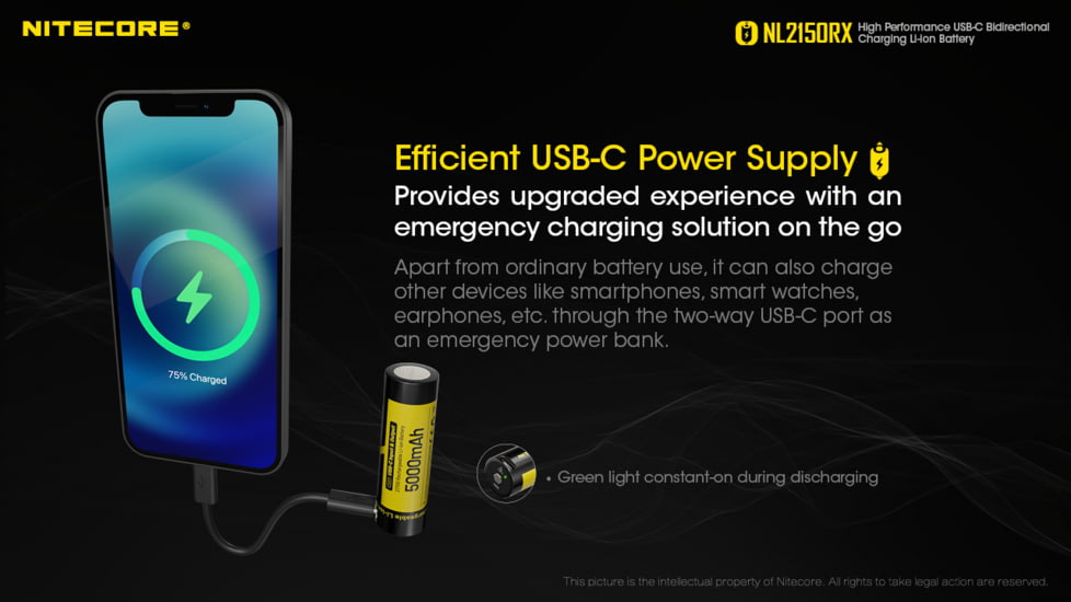 Nitecore NL2150RX 5000mAh USB-C Rechargeable 21700 Battery, Black/Yellow, 6952506495535