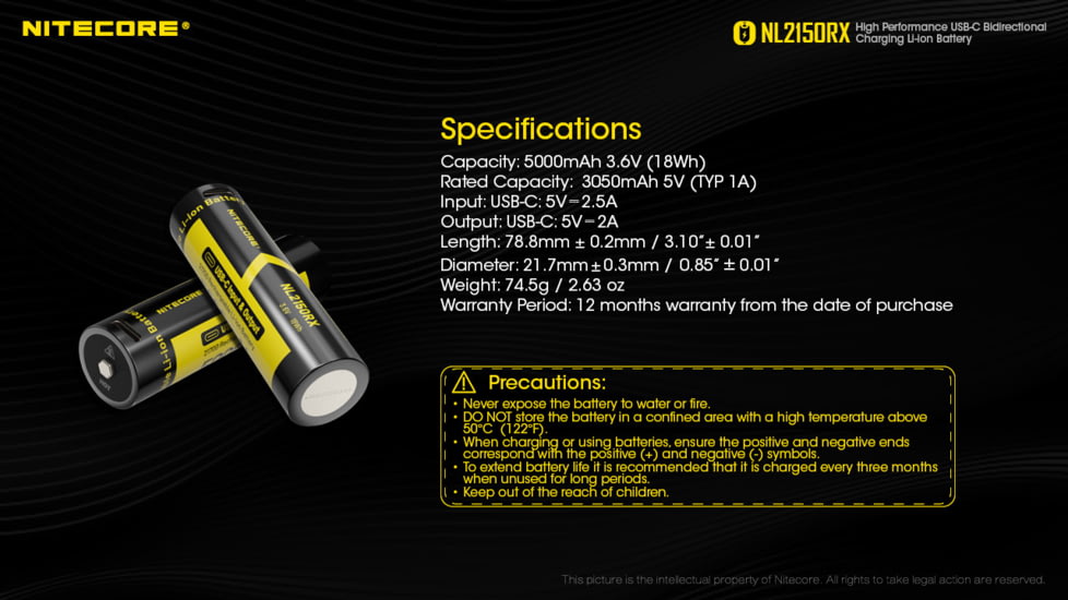 Nitecore NL2150RX 5000mAh USB-C Rechargeable 21700 Battery, Black/Yellow, 6952506495535