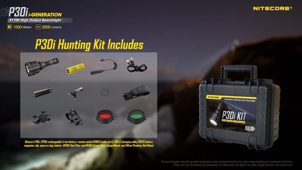 Nitecore P30i 2000 Lumen 1093 Yard Long Throw Flashlight Hunting Kit, Black, 6952506406586