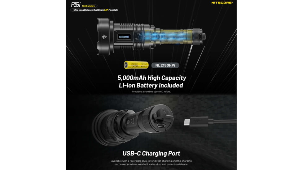 Nitecore P35i CREE XP-G3 LED Rechargeable LEP Flashlight, 21700, White, 3000 Lumens, Black, 6952506407323