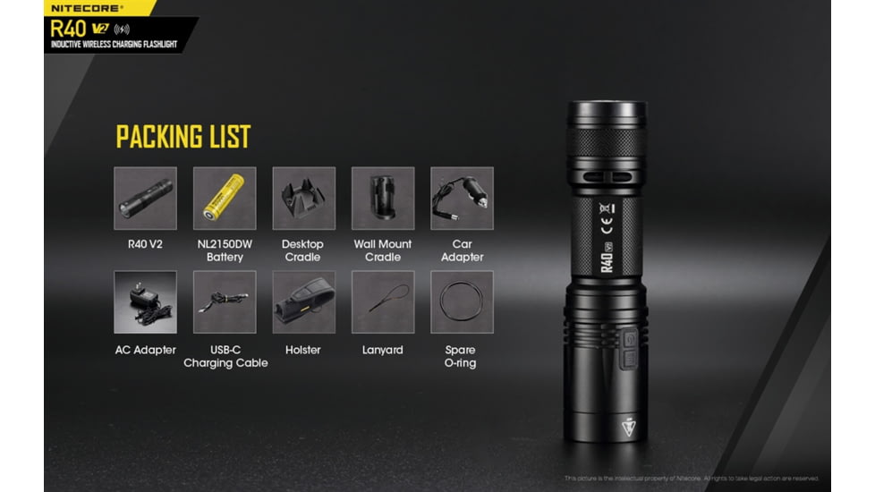 Nitecore R40 v2 1200 Lumen Rechargeable Flashlight Kit, Black, 6952506405992