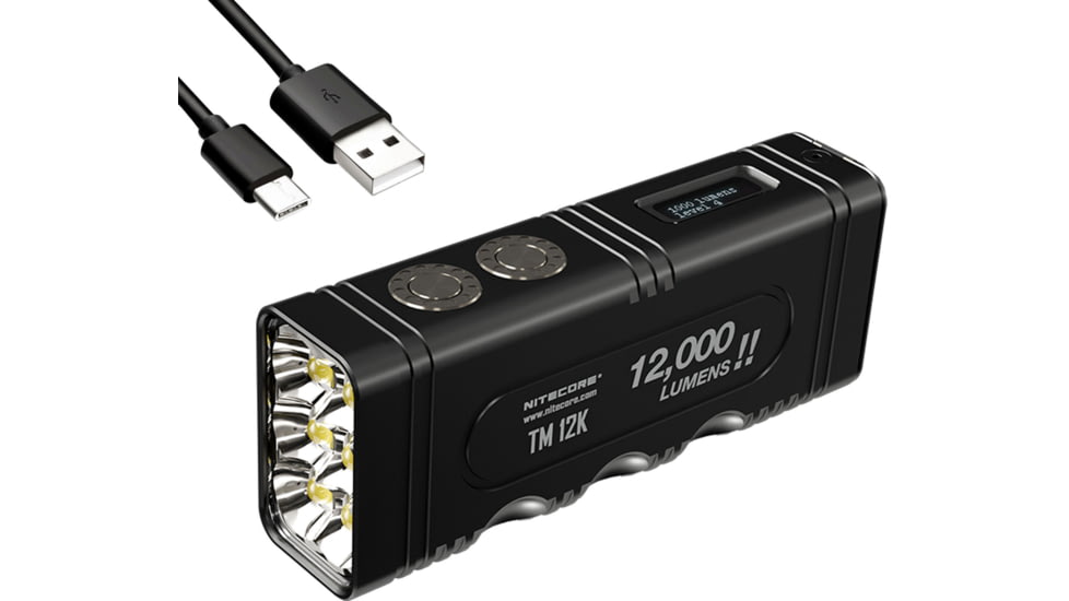 Nitecore TM12K Rechargeable Tactical LED Flashlight, 12,000 Lumens, USB-C, Black, FL-NITE-TM12K
