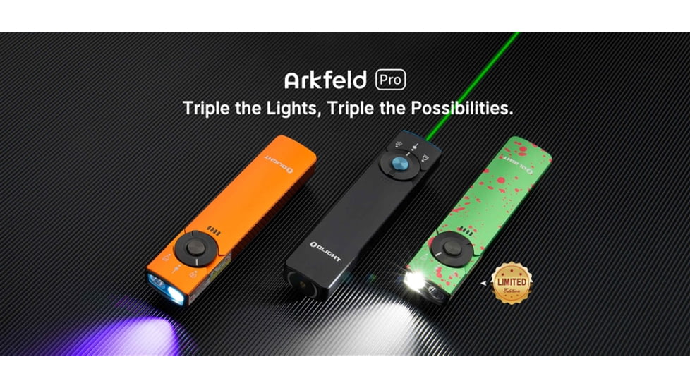 Olight Arkfeld Pro LED Rechargeable Flashlight / UV Light &amp; Green Laser, 1300 Lumen, Black, FL-OL-ARKFELDPRO-CWBK