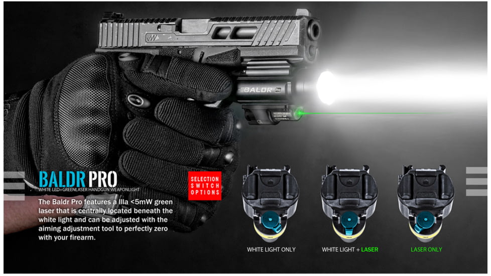 Olight Baldr Pro w/ Green Laser Sight LED Flashlight, Cool White, 1350 Lumens, Black, FL-OL-BALDRPRO-BK