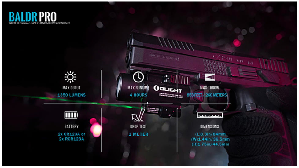 Olight Baldr Pro w/ Green Laser Sight LED Flashlight, Cool White, 1350 Lumens, Black, FL-OL-BALDRPRO-BK