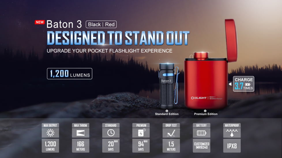 Olight Baton 3 Premium Edition w/ Wireless Charging Case LED Flashlight, Cool White, 1200 Lumens, Black, FL-OL-BATON3-KIT-BK